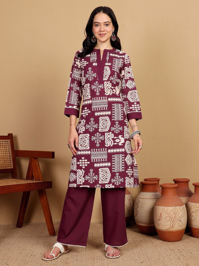 Varanga Women Printed Kurta With Pin-Tucks On Neck And Cuff With Delicate Lace Details Paired With Solid Trouders