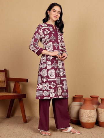 Varanga Women Printed Kurta With Pin-Tucks On Neck And Cuff With Delicate Lace Details Paired With Solid Trouders