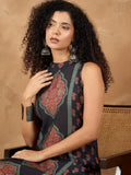 Varanga Women Sleeveless Panelled Floral Print Straight Fit Kurta Paired With Solid Trousers