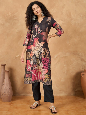 Varanga Women Floral Printed Kurta With Embellishment On One Side Of Neck And Sleeve Hem With Solid Trousers