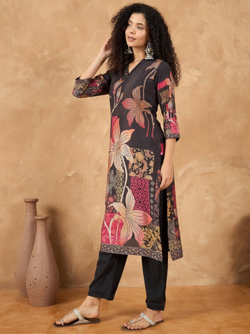 Varanga Women Floral Printed Kurta With Embellishment On One Side Of Neck And Sleeve Hem With Solid Trousers