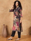 Varanga Women Floral Printed Kurta With Embellishment On One Side Of Neck And Sleeve Hem With Solid Trousers