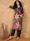 Varanga Women Floral Printed Kurta With Embellishment On One Side Of Neck And Sleeve Hem With Solid Trousers