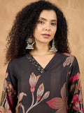 Varanga Women Floral Printed Kurta With Embellishment On One Side Of Neck And Sleeve Hem With Solid Trousers