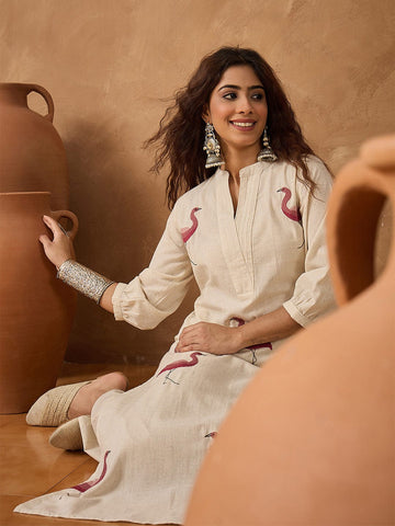 Flamingo embroidered kurta paired with solid trousers