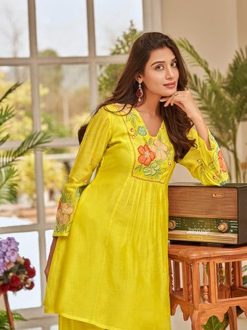 Floral Thread Embroidered Yoke Flared Kurta With Palazzo
