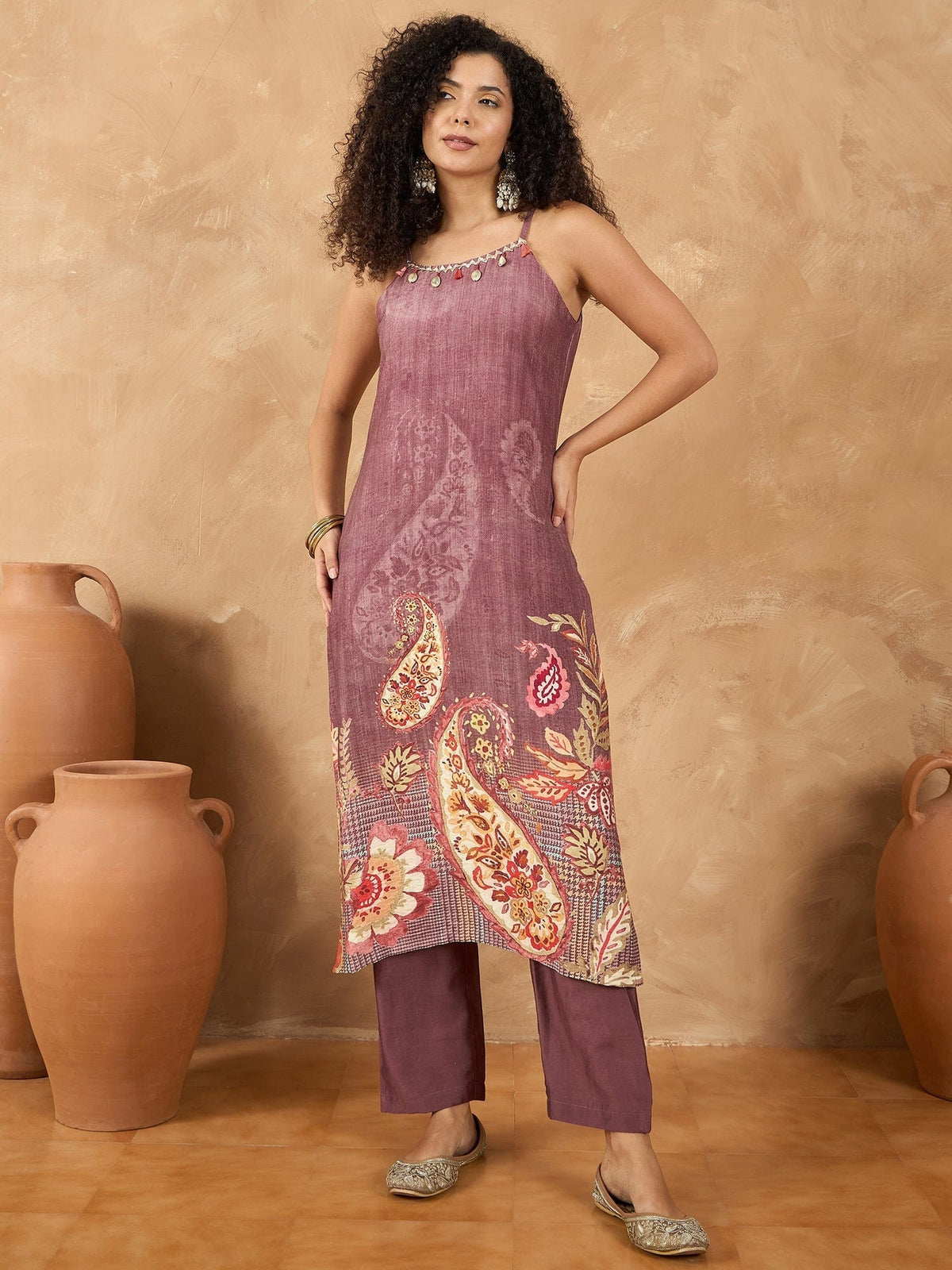 Varanga Women Spaghetti Strap Straight Floral Kurta With Trousers
