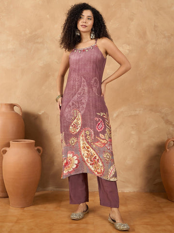 Varanga Women Spaghetti Strap Straight Floral Kurta With Trousers
