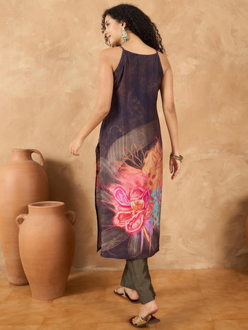 Varanga Women Spaghetti Strap Straight Floral Kurta With Trousers