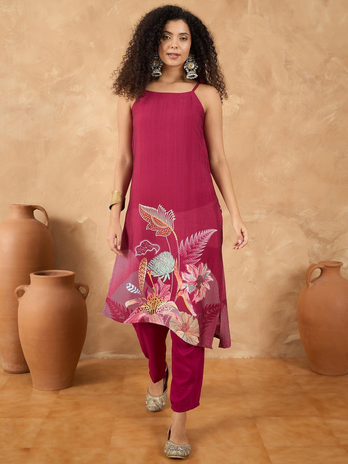 Varanga Women Spaghetti Tie Up Strap Straight Floral Kurta With Trousers