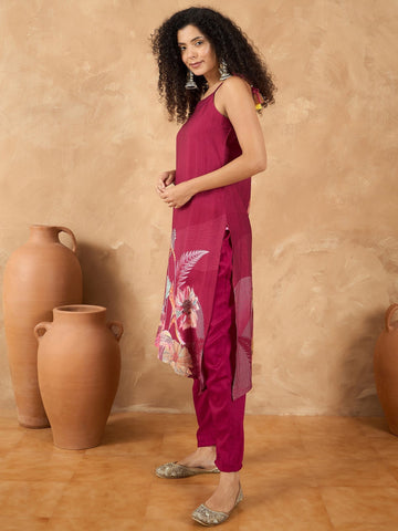 Varanga Women Spaghetti Tie Up Strap Straight Floral Kurta With Trousers