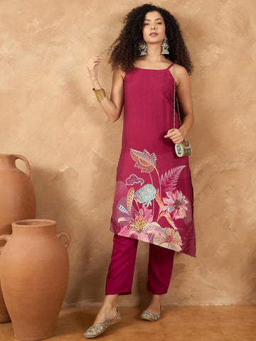 Varanga Women Spaghetti Tie Up Strap Straight Floral Kurta With Trousers
