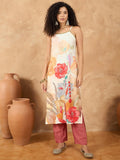 Varanga Women Spaghetti Strap Straight Floral Kurta With Trousers