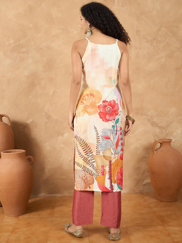 Varanga Women Spaghetti Strap Straight Floral Kurta With Trousers