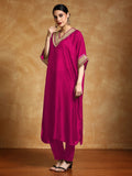 Varanga Women-Zari Embroidered Lace Neck Flared Kaftan With Trouser