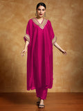 Varanga Women-Zari Embroidered Lace Neck Flared Kaftan With Trouser