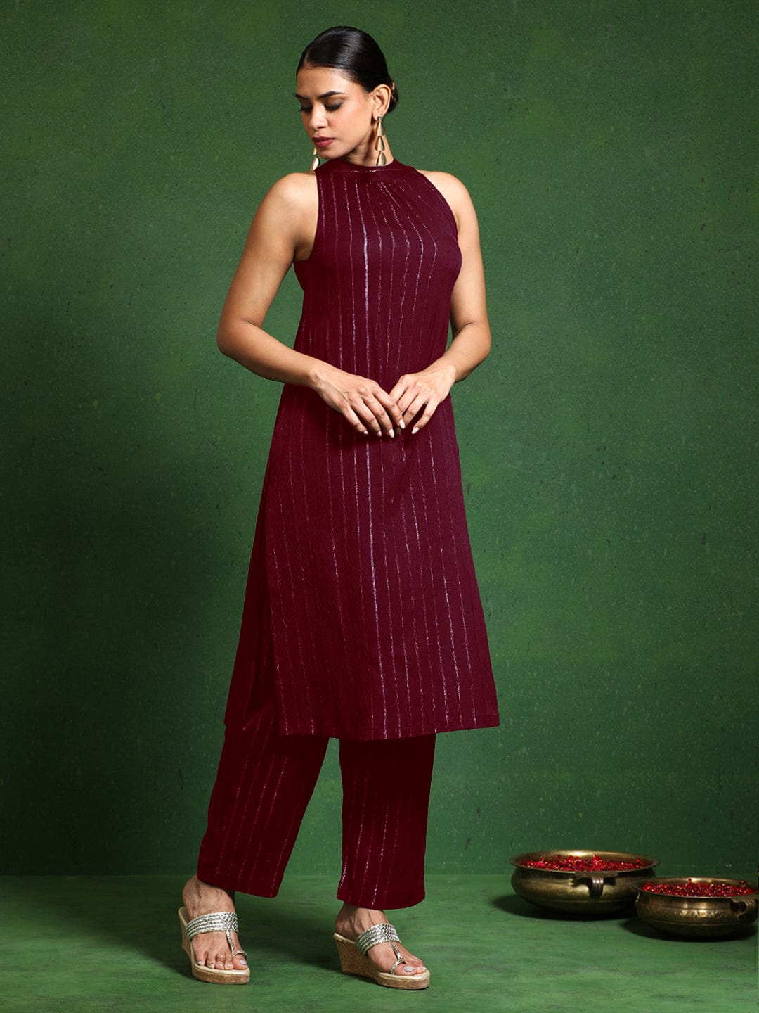 Varanga Women Halter Neck Straight Lurex Kurta with trouser