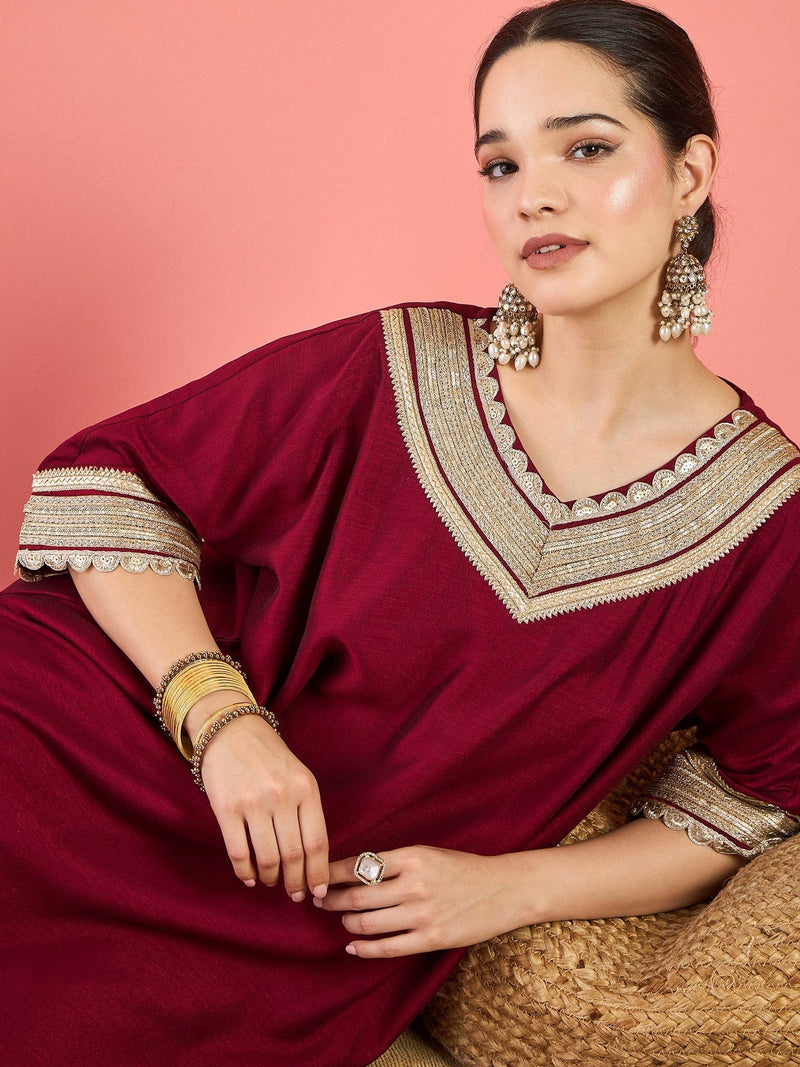 Varanga Zari Embroidered Lace Neck Flared Kaftan With Trouser