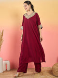 Varanga Zari Embroidered Lace Neck Flared Kaftan With Trouser