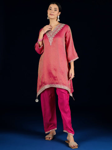 KSUT C-Cut Kurta With Zari Embroidery, Paired With Ankle-Length Trousers .