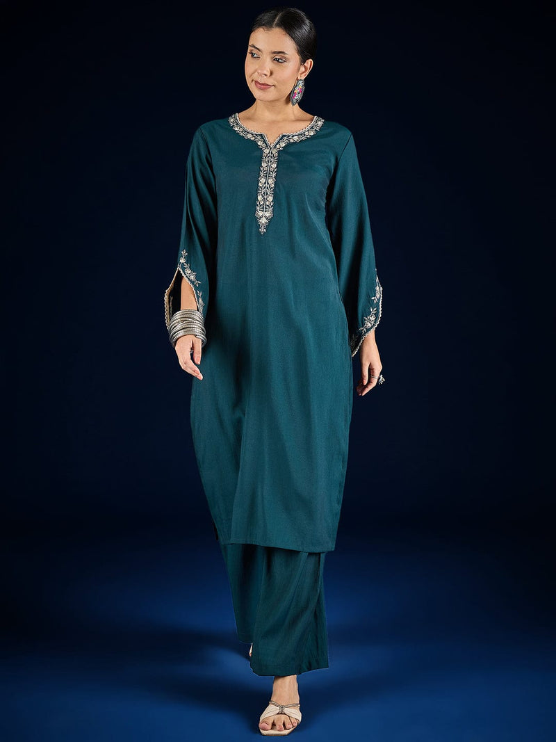 Varanga Solid Kurta With Zari Embroidery Yoke Paired With Trousers For A Refined Ethnic Look.