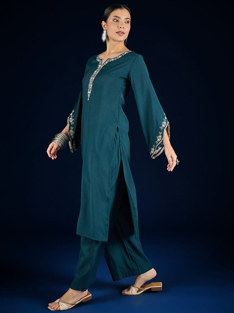 Varanga Solid Kurta With Zari Embroidery Yoke Paired With Trousers For A Refined Ethnic Look.