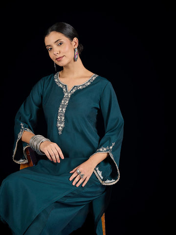 Varanga Solid Kurta With Zari Embroidery Yoke Paired With Trousers For A Refined Ethnic Look.