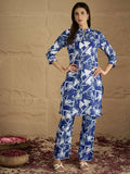 Blue and white printed straight kurta with a mandarin collar, paired with solid straight-fit trousersâ€”perfect for everyday elegance and comfort.