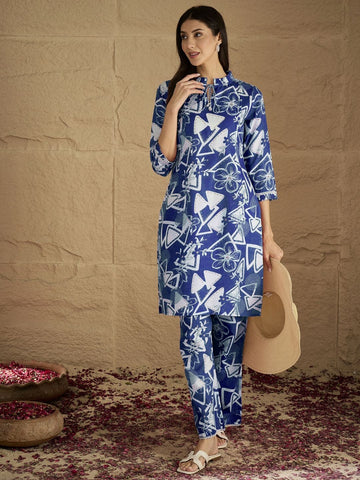 Blue and white printed straight kurta with a mandarin collar, paired with solid straight-fit trousersâ€”perfect for everyday elegance and comfort.