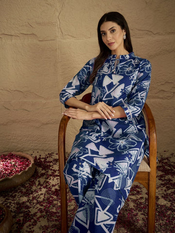 Blue and white printed straight kurta with a mandarin collar, paired with solid straight-fit trousers perfect for everyday elegance and comfort.