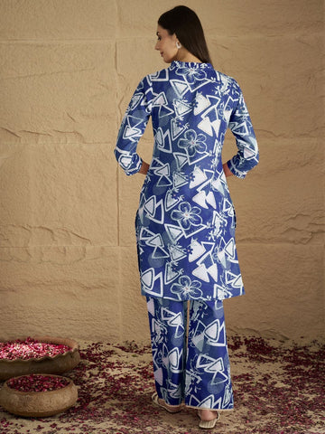 Blue and white printed straight kurta with a mandarin collar, paired with solid straight-fit trousers perfect for everyday elegance and comfort.