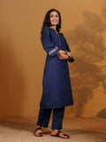 Varanga Women Blue Mandarin Collar Thread Embroidered With Pleate Deatialing Kurta Paired With Bottom