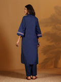 Varanga Women Blue Mandarin Collar Thread Embroidered With Pleate Deatialing Kurta Paired With Bottom