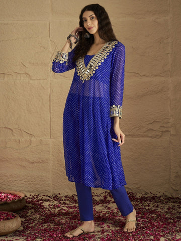 Varanga Women Graceful Beige Kurta Set Featuring Gota Patti Detailing, Paired With Solid Trousers