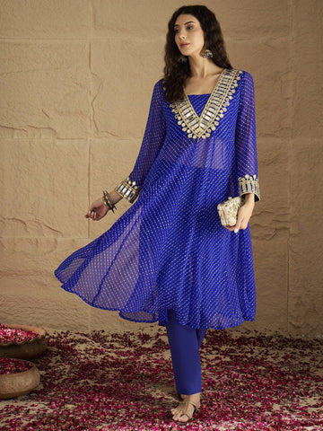 Varanga Women Graceful Beige Kurta Set Featuring Gota Patti Detailing, Paired With Solid Trousers