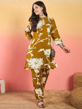 Varanga Bold Floral-Printed Kurta With Mandarin Collar, Paired With Matching Printed Straight Trousers.