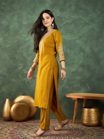 Varanga Mustard Straight-Fit Kurta With Embroidered Yoke, Paired With Solid Ankle-Length Trousers .