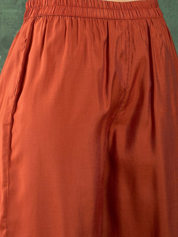 Varanga Rust Mughal-Printed Straight-Fit Kurta With Lace Detailing, Paired With Solid Ankle-Length Divider Pants For A Stylish Ethnic Look.