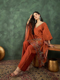 Varanga Rust Mughal-Printed Straight-Fit Kurta With Lace Detailing, Paired With Solid Ankle-Length Divider Pants For A Stylish Ethnic Look.