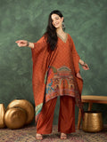 Varanga Rust Mughal-Printed Straight-Fit Kurta With Lace Detailing, Paired With Solid Ankle-Length Divider Pants For A Stylish Ethnic Look.