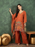 Varanga Rust Mughal-Printed Straight-Fit Kurta With Lace Detailing, Paired With Solid Ankle-Length Divider Pants For A Stylish Ethnic Look.