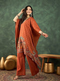 Varanga Rust Mughal-Printed Straight-Fit Kurta With Lace Detailing, Paired With Solid Ankle-Length Divider Pants For A Stylish Ethnic Look.