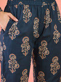 Varanga Blue Floral Printed Straight-Fit Kurta With Half Sleeves And Round Neck, Paired With Ankle-Length Printed Elasticated Trousers.