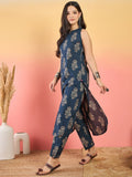 Varanga Blue Floral Printed Straight-Fit Kurta With Half Sleeves And Round Neck, Paired With Ankle-Length Printed Elasticated Trousers.