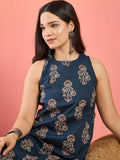 Varanga Blue Floral Printed Straight-Fit Kurta With Half Sleeves And Round Neck, Paired With Ankle-Length Printed Elasticated Trousers.