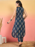 Varanga Blue Floral Printed Straight-Fit Kurta With Half Sleeves And Round Neck, Paired With Ankle-Length Printed Elasticated Trousers.