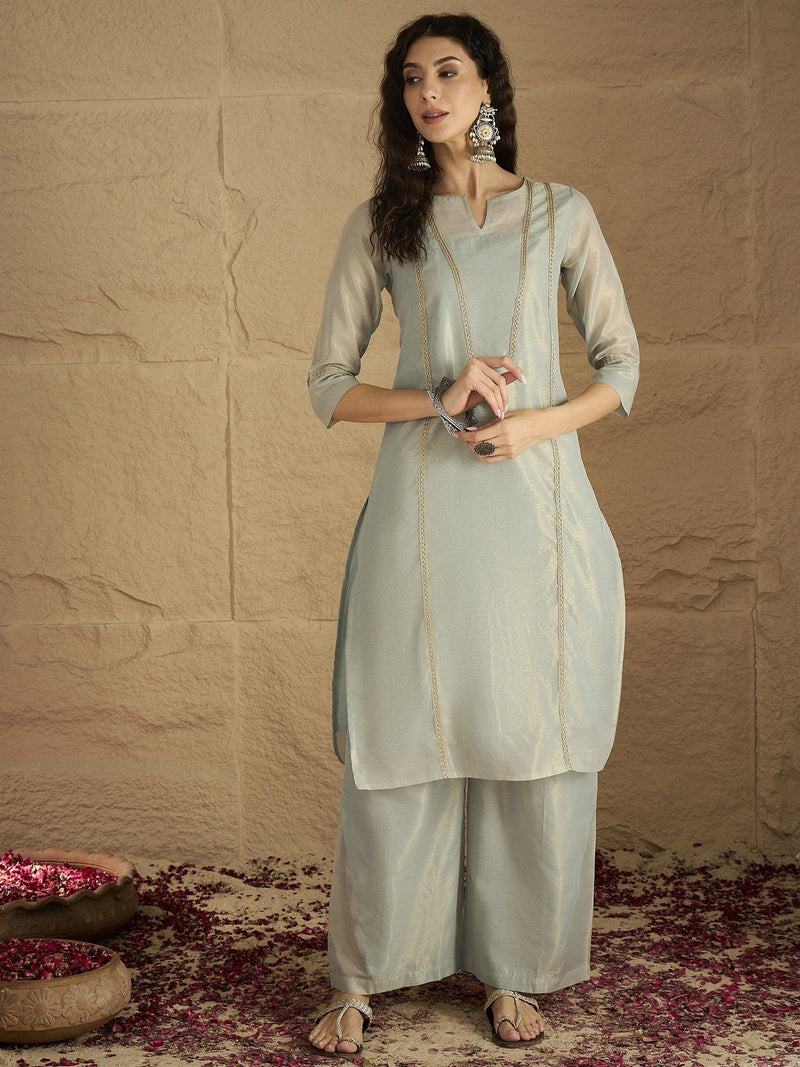 Varanga Women Elegant Sky Blue Shimmer Kurta Set With Zari Lace Detailing And Solid Ankle-Length Trousers (Perfect For Adding Effortless Charm To Festive Occasions)