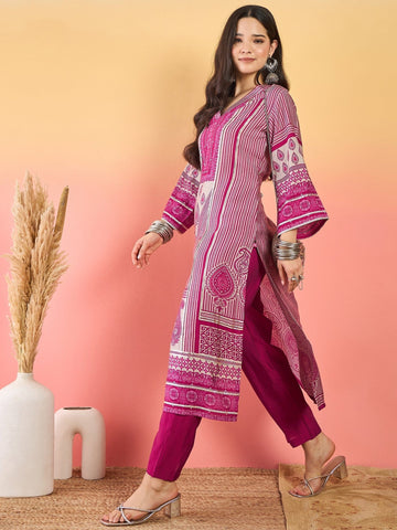 Varanga Fuchsia Striped-Printed Straight-Fit Kurta With A V-Neck And Three-Quarter Sleeves, Paired With Trousers .