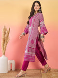 Varanga Fuchsia Striped-Printed Straight-Fit Kurta With A V-Neck And Three-Quarter Sleeves, Paired With Trousers .