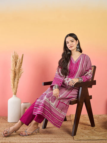 Varanga Fuchsia Striped-Printed Straight-Fit Kurta With A V-Neck And Three-Quarter Sleeves, Paired With Trousers .